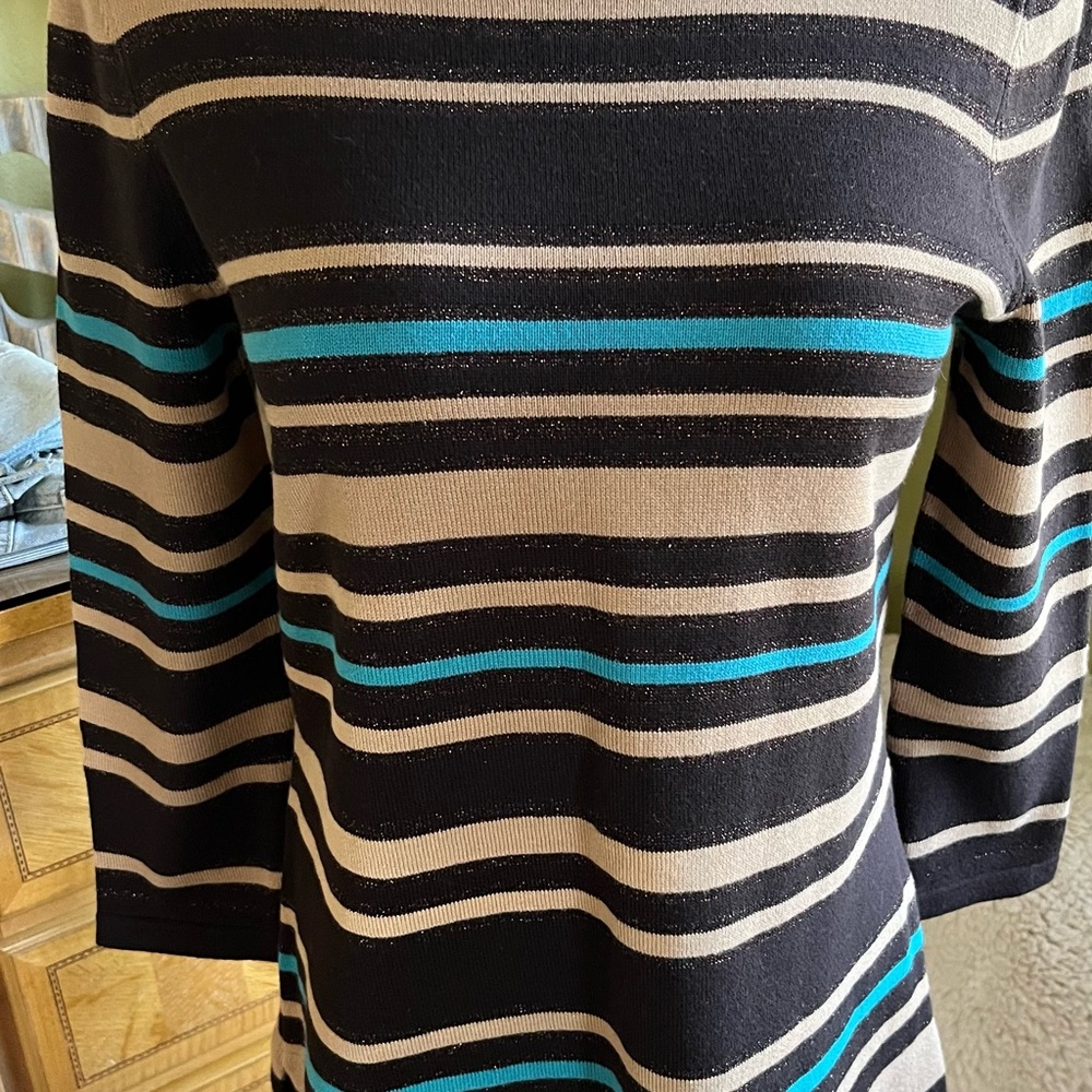 Jones New York Brown and Tan Striped Sweater with Teal Accents…NWOT